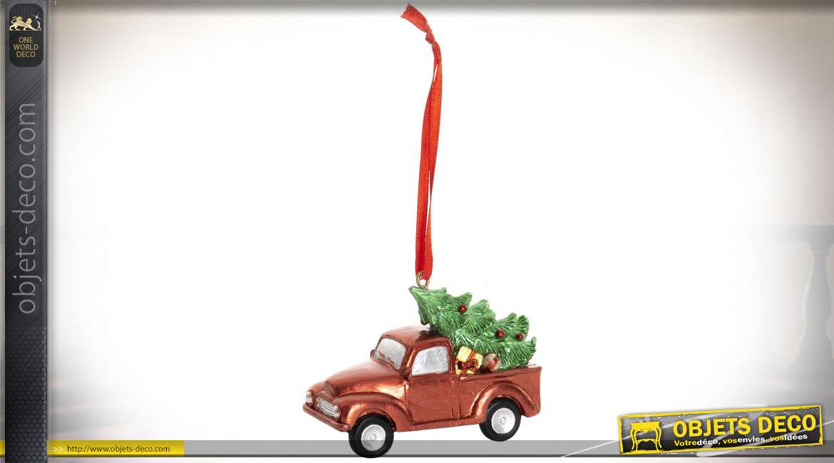 Décoration en résine : voiture rouge avec sapin de Noël