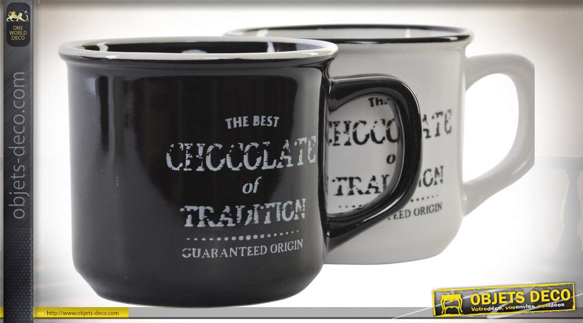 Série de deux mugs en grès, finition chocolat noir et blanc ancien, style vintage vieille maison, 120ml
