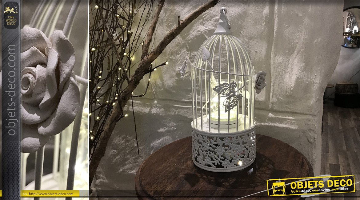 Cage à oiseaux décorative, de style romantique avec support bougie, finition blanc