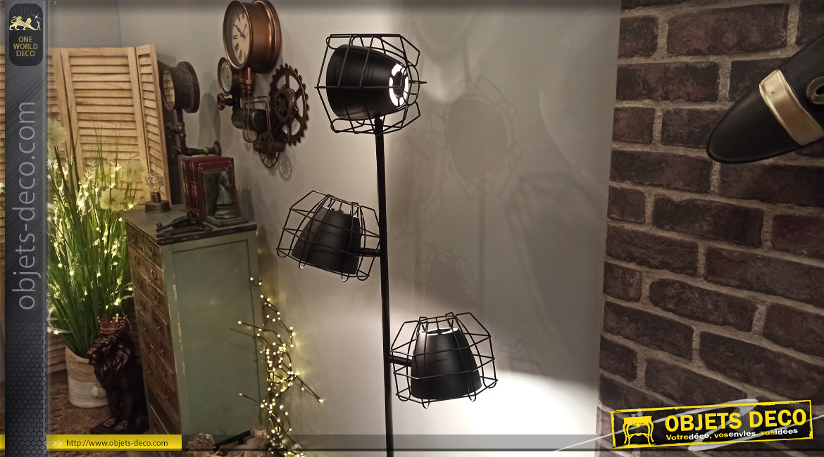 Lampadaire de style industriel avec 3 projecteurs, coloris noir charbon, 1,60 mètre
