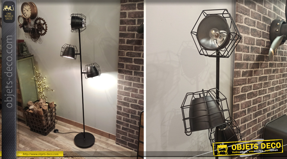 Lampadaire de style industriel avec 3 projecteurs, coloris noir charbon, 1,60 mètre