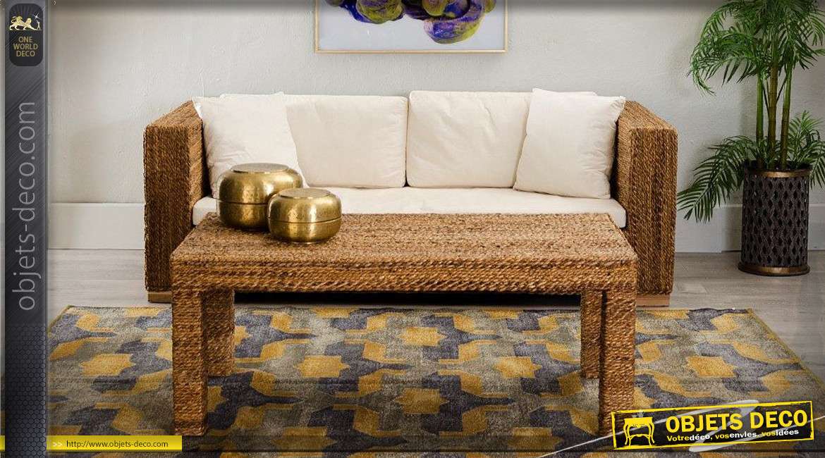 Table basse exotique en bois et fibre de bananier 120 x 60 cm