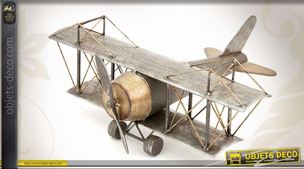 Avion décoratif biplan de style rétro en métal