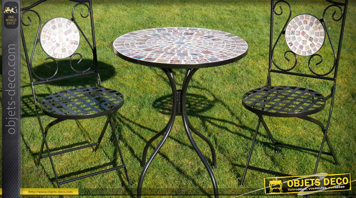 Salon de jardin métal et fer forgé 1 table 2 chaises coloris noir et mosaïque