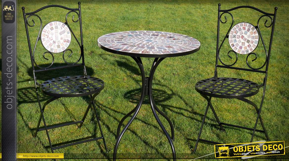 Salon de jardin métal et fer forgé 1 table 2 chaises coloris noir et mosaïque