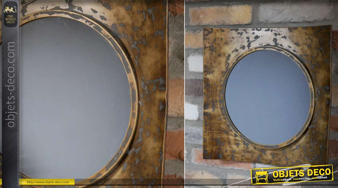 Miroir rond à encadrement concave industriel et rétro finition cuivrée 40 x 40 cm