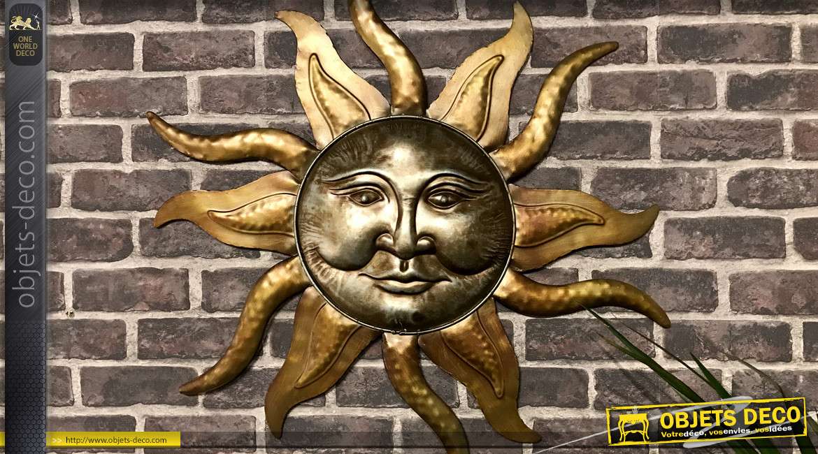 Décoration murale en métal en forme de soleil Aztèque, finition doré et reflets cuivré effet ancien