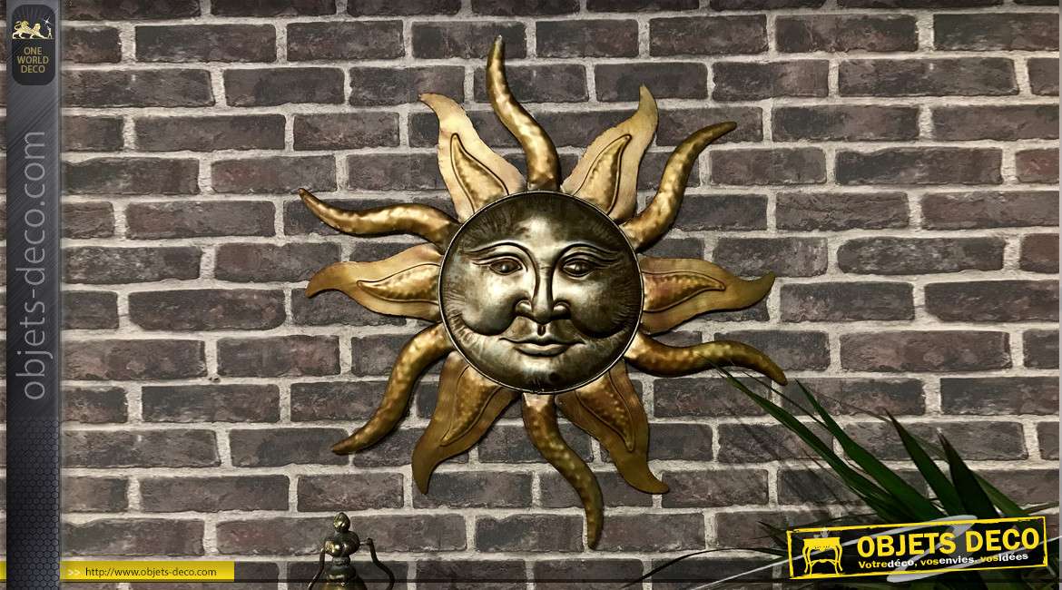 Décoration murale en métal en forme de soleil Aztèque, finition doré et reflets cuivré effet ancien