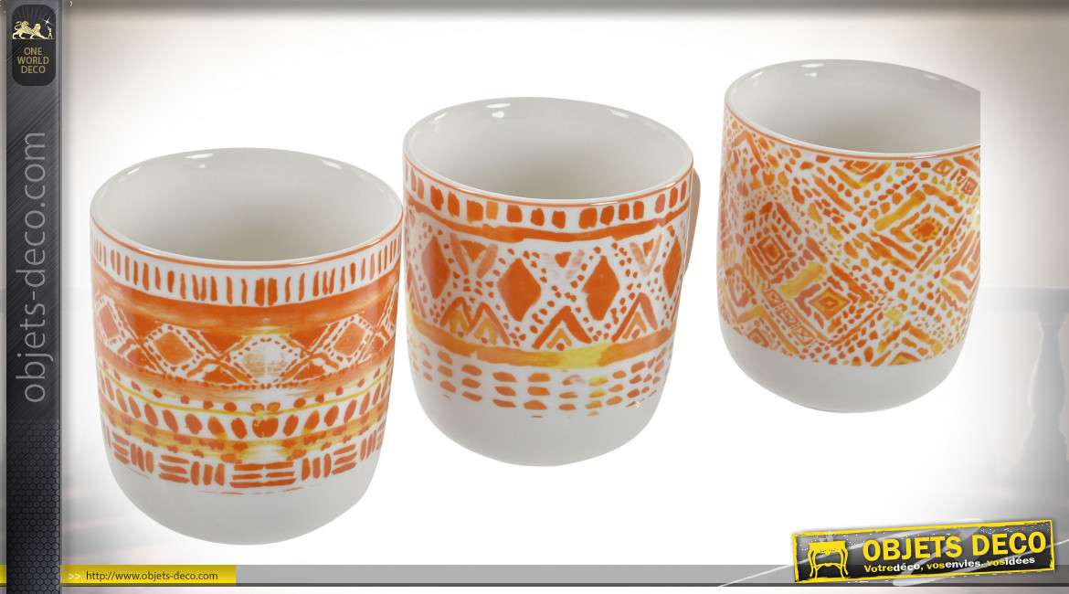 Série de 3 tasses en porcelaine avec motif style ethnico chic colorés et vifs, 380 ml