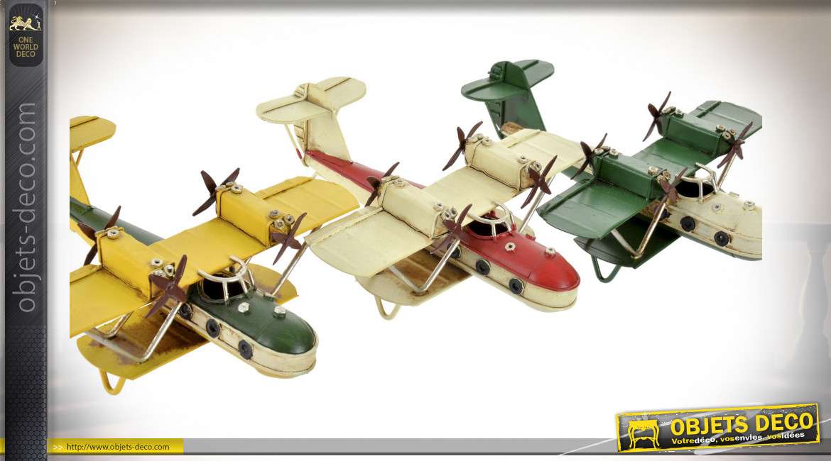 Série de 3 reproductions d'anciens avions biplans, en métal finition vintage, esprit miniature aéronotique, 16cm