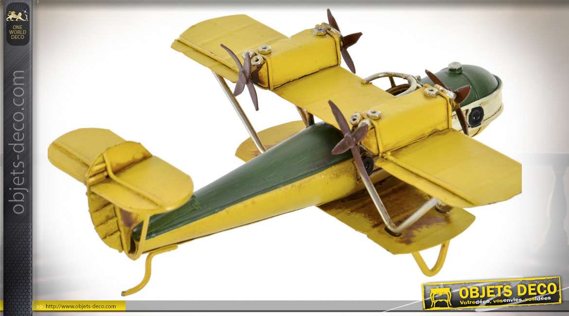 Série de 3 reproductions d'anciens avions biplans, en métal finition vintage, esprit miniature aéronotique, 16cm
