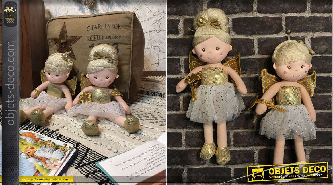Série de deux fées en peluche esprit poupées enfantines, finitions colorées, en polyester et coton, 45cm