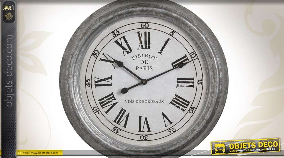 Horloge en verre et métal finition zinc style rétro