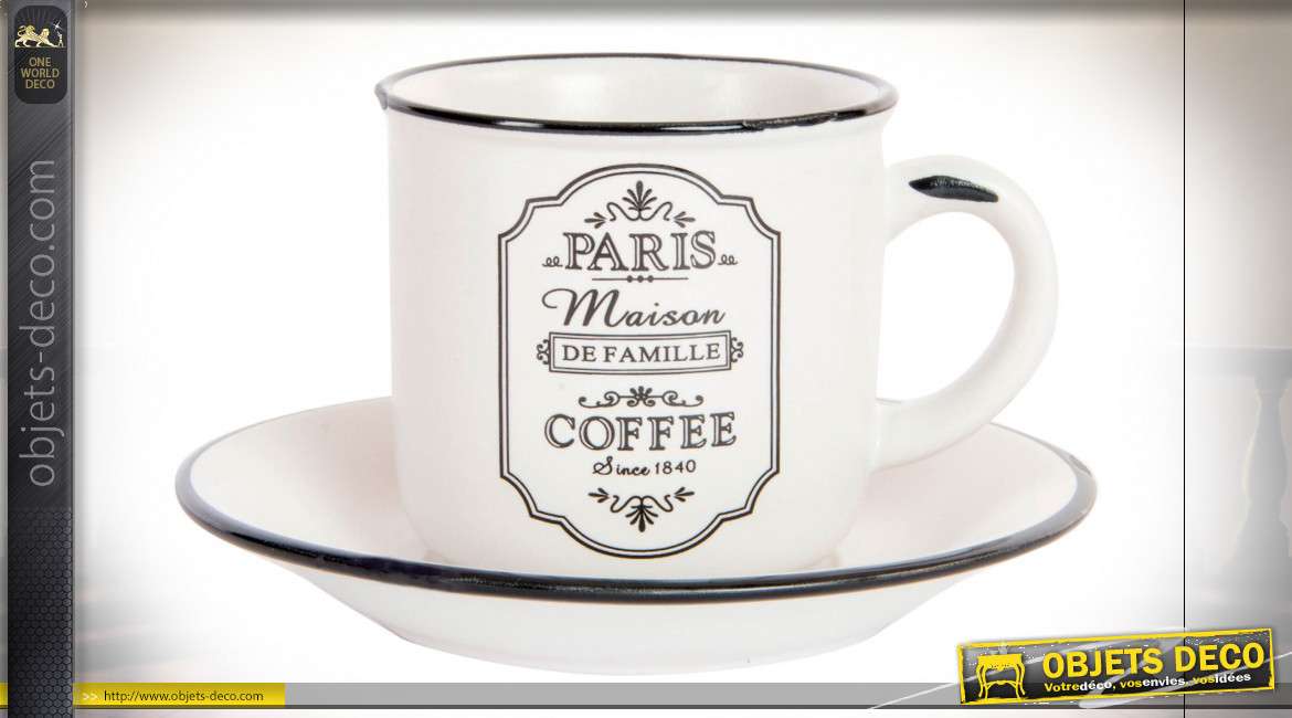 Série de 6 tasses à café en grès finition blanc ancien avec motifs de Paris, support en métal noir pour rangement des tasses, 90ml