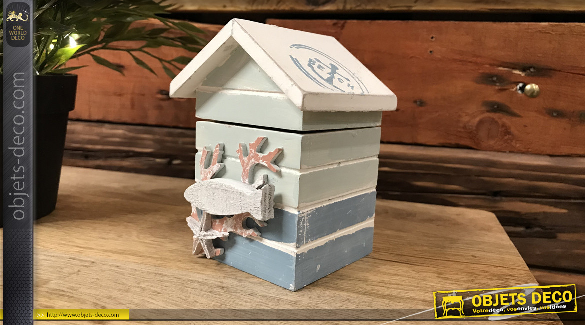 Petite boite en bois en forme de maison, esprit cabane de plage bord de mer, finitions anciennes, 10cm