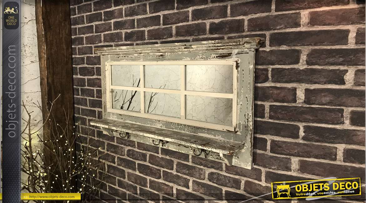 Miroir d'entrée en bois esprit fenêtre finition gris vieilli, avec tablette et crochets, style vieille maison de campagne, 97cm