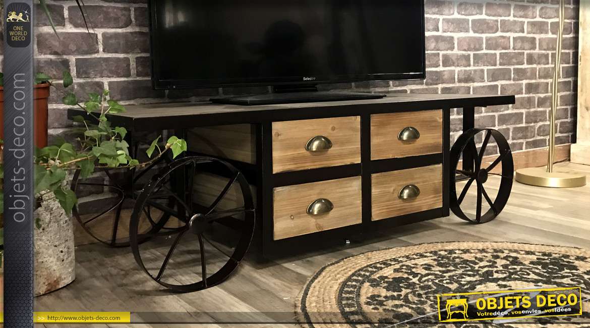 Meuble TV en bois et métal, style ancien chariot, 4 tiroirs et plateau vieilli, 122cm