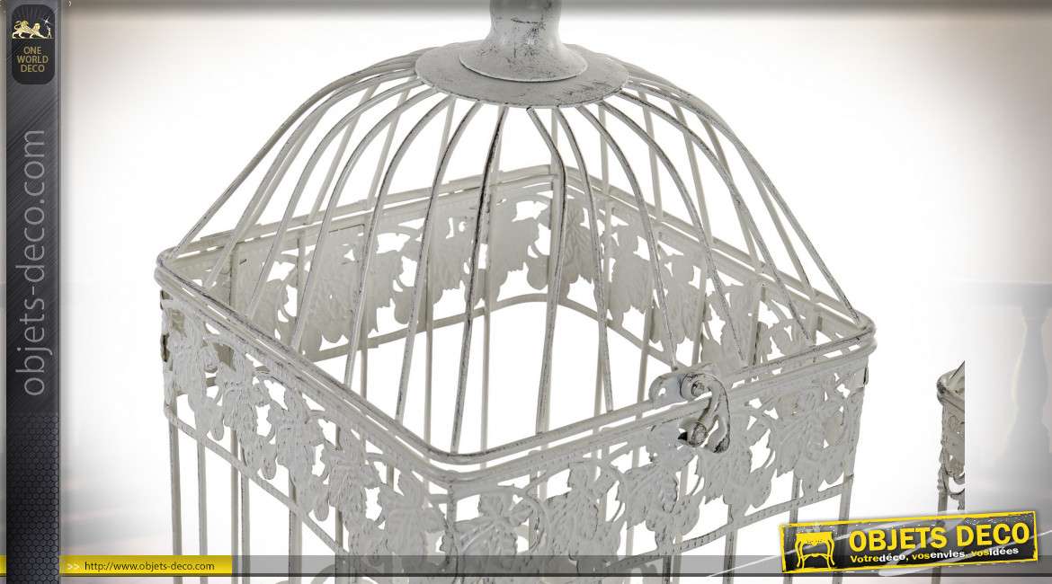 Série de deux cages décoratives en métal, finition vieux blanc, style romantique, 35cm