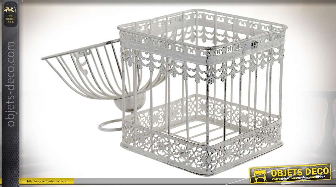 Série de deux cages décoratives en métal, finition vieux blanc, style romantique, 35cm
