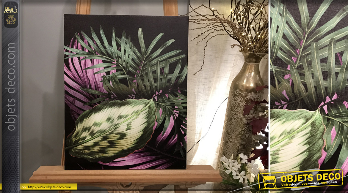 Série de 2 tableaux en bois et toile avec motif de feuilles et plantes, 50cm