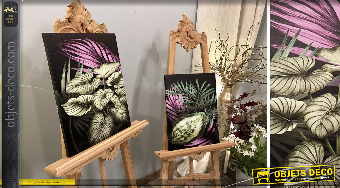 Série de 2 tableaux en bois et toile avec motif de feuilles et plantes, 50cm