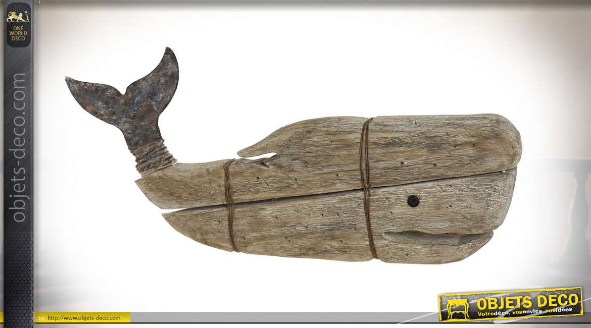 Grande baleine en bois effet usé, ambiance bord de mer effet bois flotté, touches de métal, 55cm