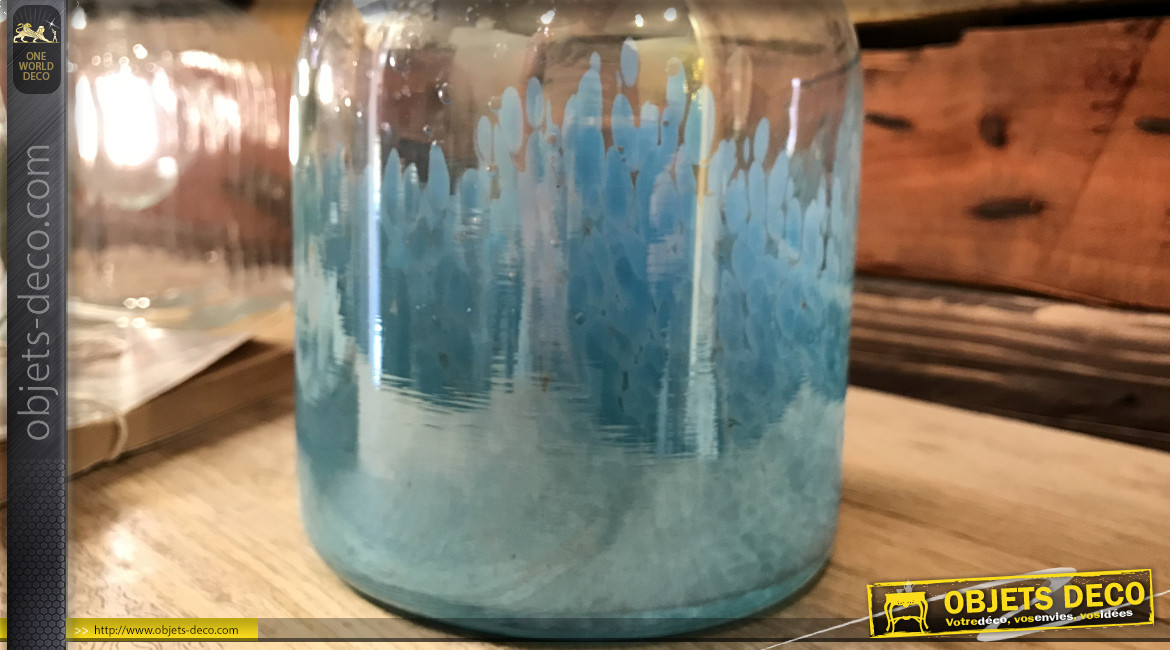 Vase décoratif en verre translucide effet irrisé et base bleu ciel, style moderne contemporain, déco bleu, 21cm