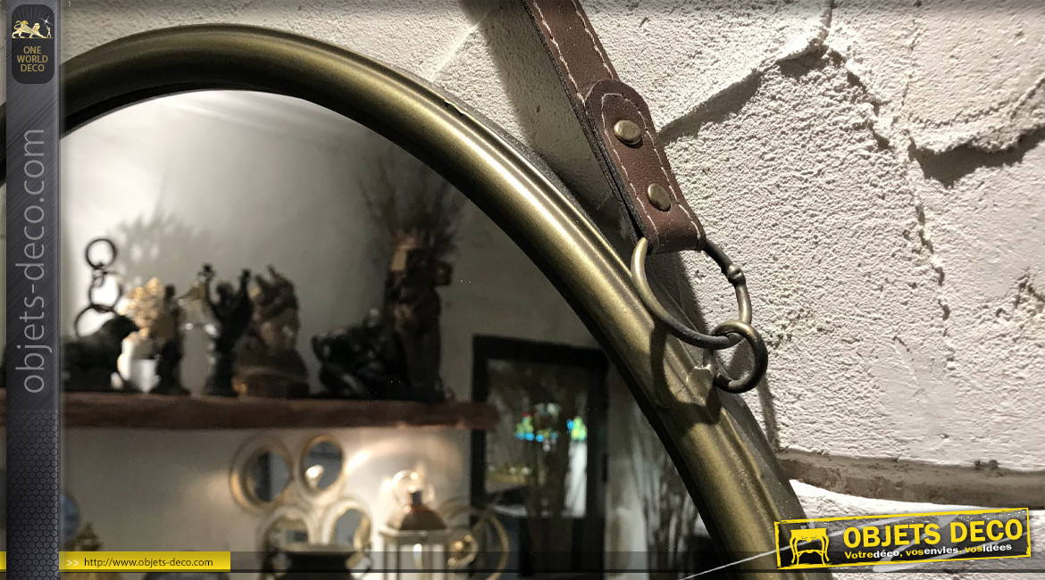 Miroir rond en métal finition laiton vieilli, ceinture de suspension, Ø60cm
