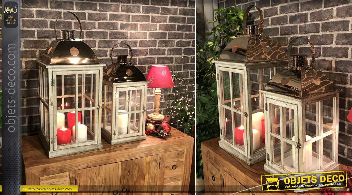 Duo de lanternes cottage en bois et métal aspect rustique 66 cm