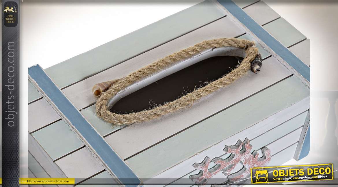Boîte à mouchoirs en bois effet usé et corde, ambiance bord de mer, 25cm