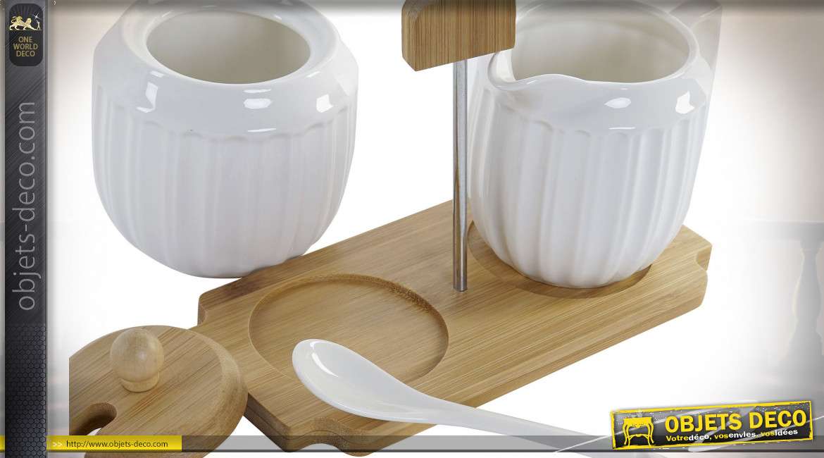 Accessoires de thé avec sucrier et pot à lait en porcelaine, avec support métallique, en bambou naturel, 13cm