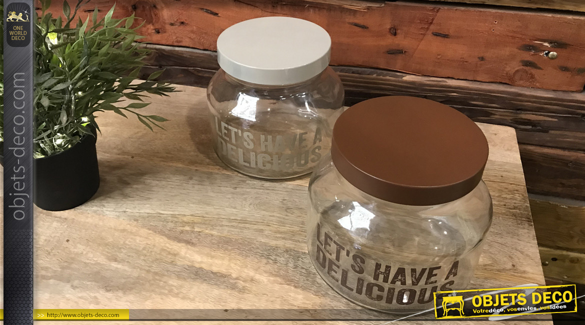 Série de deux pots en verre avec couvercles en métal, 2 finitions chocolat et noisette, Ø16cm