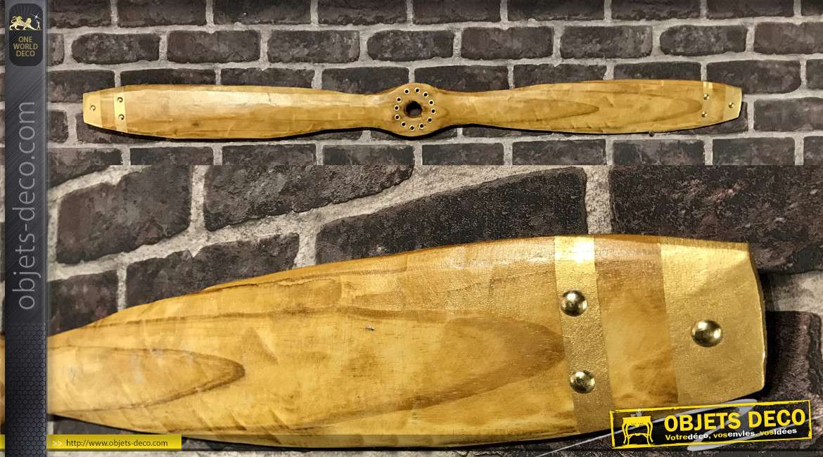 Hélice d'avion biplan en bois, finition naturel et effet métal doré en bout de pale, modèle Breguet 14