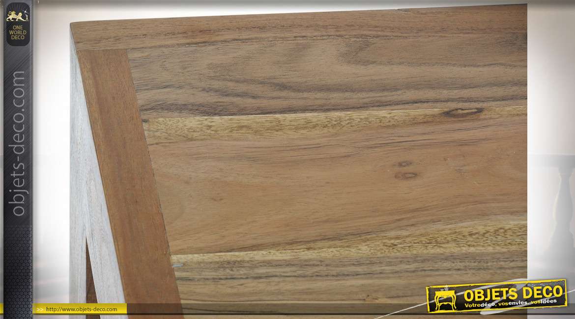 Table basse de salon en bois d'acacia massif, richement veiné et texturé de style rustique, 110cm de long