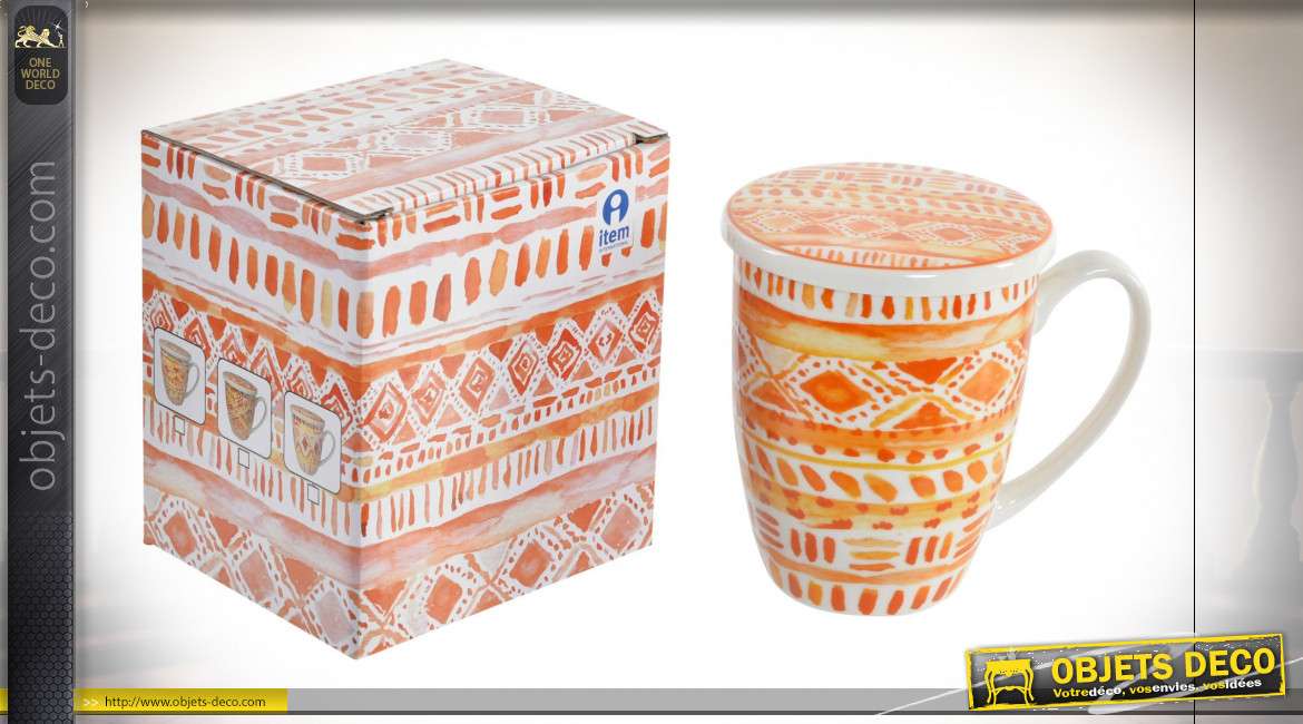 Série de trois mug en porcelaine avec filtres à infusions, couleurs colorées et pétillantes, 380 ml