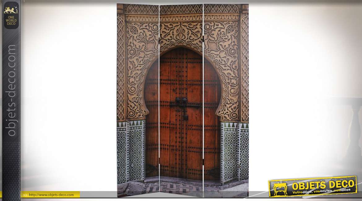 Grand paravent en toile sur structure en bois, représentation d'une porte orientale, ambiance sahara, 120x180cm