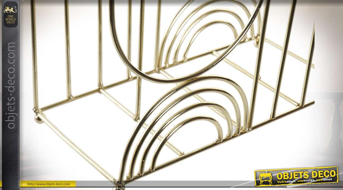 Porte-revues en métal finition dorée effet ancien, ambiance arrondie Art Déco, 47cm
