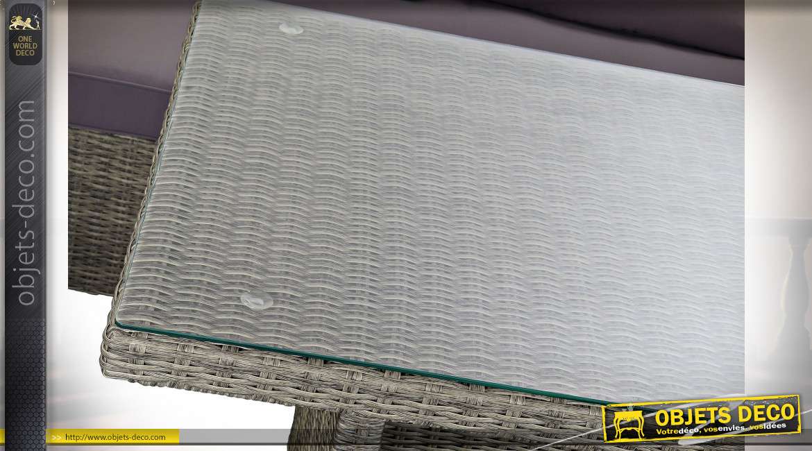 Canapé d'angle pour terrasse en rotin synthétique finition gris clair, 267cm