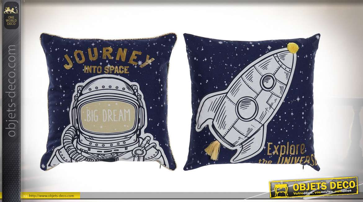Série de deux coussins épais avec motifs d'astronautes, ambiance lunaire et chambre d'enfant, 40x40cm