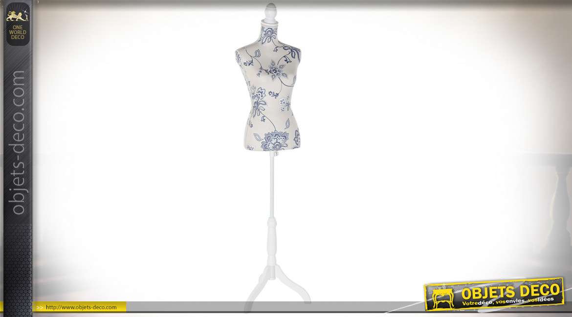 Mannequin de couture motif fleurs bleues bois et tissu polyester 168 cm
