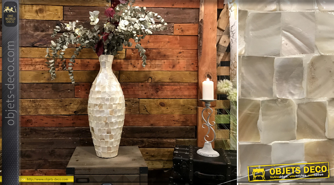 Grand vase déco en bambou avec carreaux nacrés, ambiance Art Déco, Ø27cm/70cm