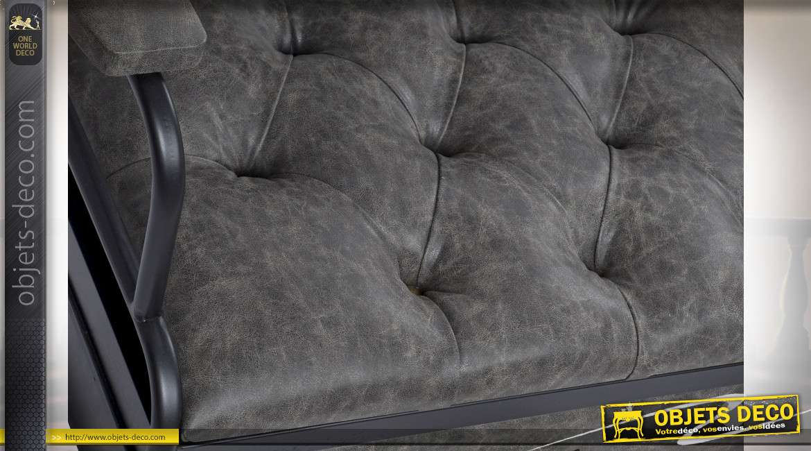 Banquette grise style industriel, assise et dossier capitonnés effet cuir, 136cm