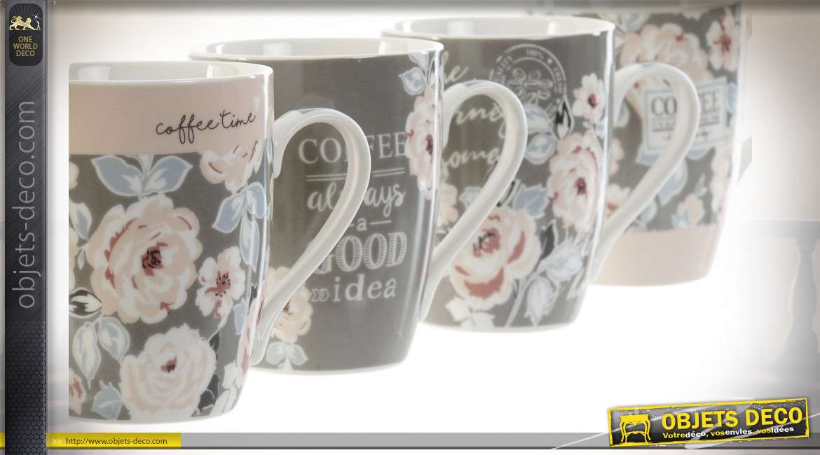 Série de 4 tasses avec grandes anses en porcelaine, motifs de fleurs anciennes style vieille maison de campagne, 340 ml