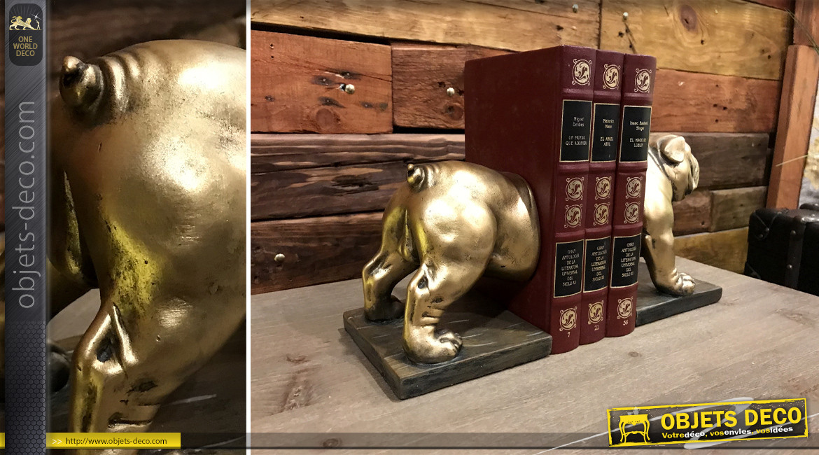 Paire de serre-livres originale en résine en forme de bulldog coupé en deux, esprit tour de magie, finition dorée ancien, 24cm