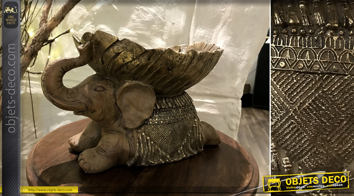 Sculpture en résine d'un éléphant finition marron doré effet ancien, ambiance souvenirs de voyage, 31 cm