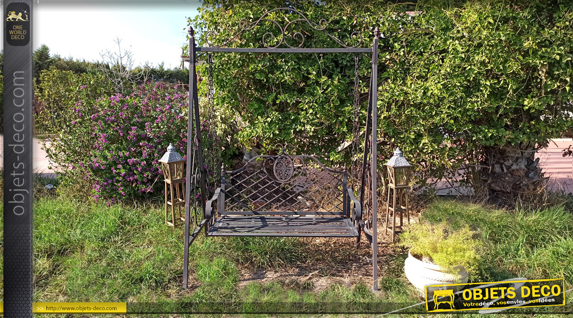 Balancelle de jardin en fer forgé et métal pour 2 personnes noir antique 214 cm