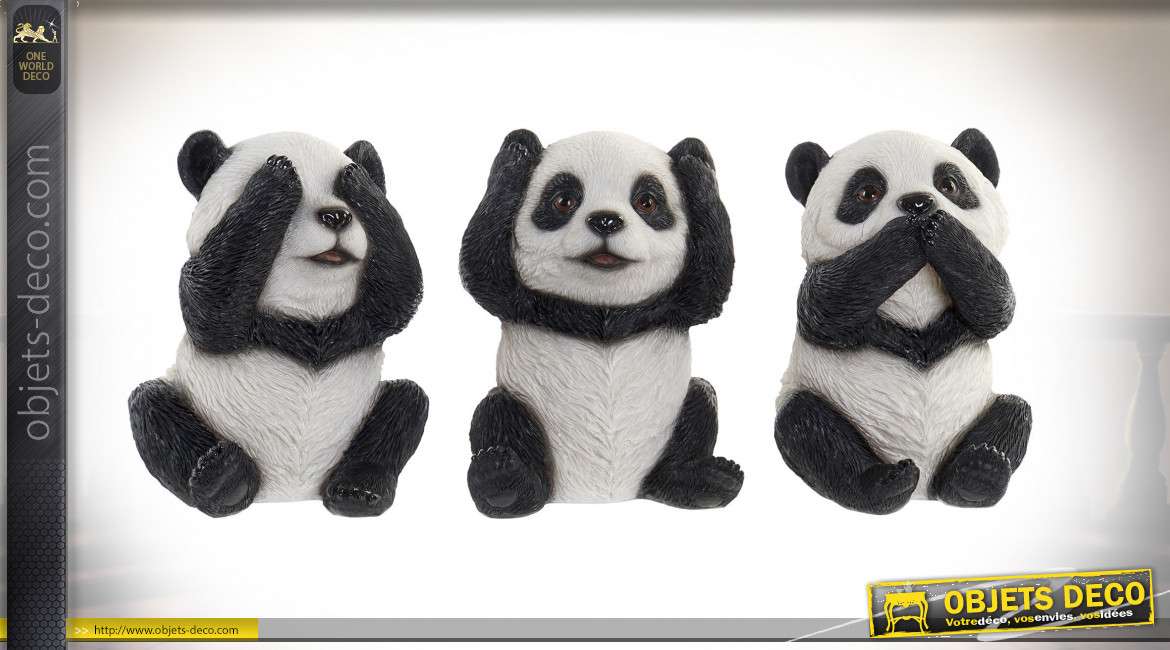 Série de trois décorations en résine à poser en forme de pandas, inspiration singes de la sagesse, 11cm