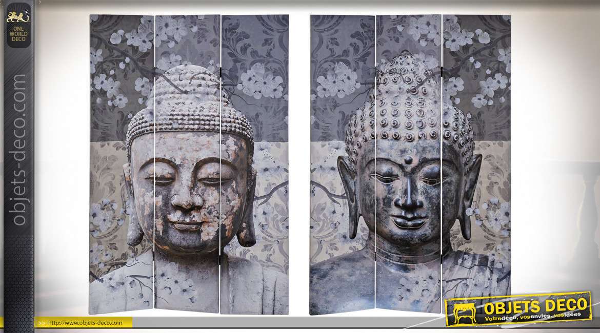 Grand paravent en toile et bois de sapin, motifs de Bouddha méditatifs sur fonds de fleurs tropicales, 180cm