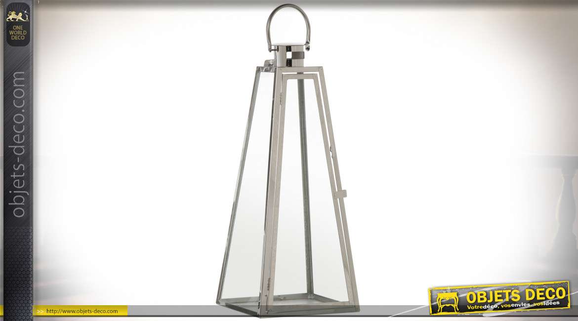 Lanterne design pyramidale en métal chromé argenté 55 cm