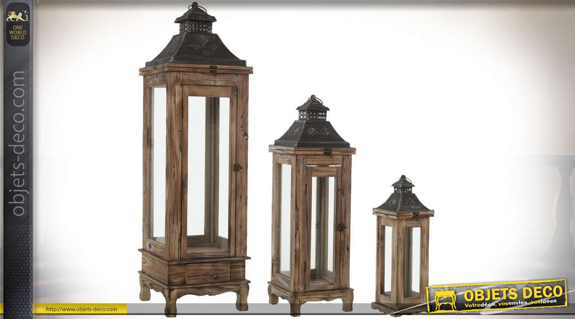 Série de 3 grandes lanternes d'ornementation en bois rustique et métal 110 cm